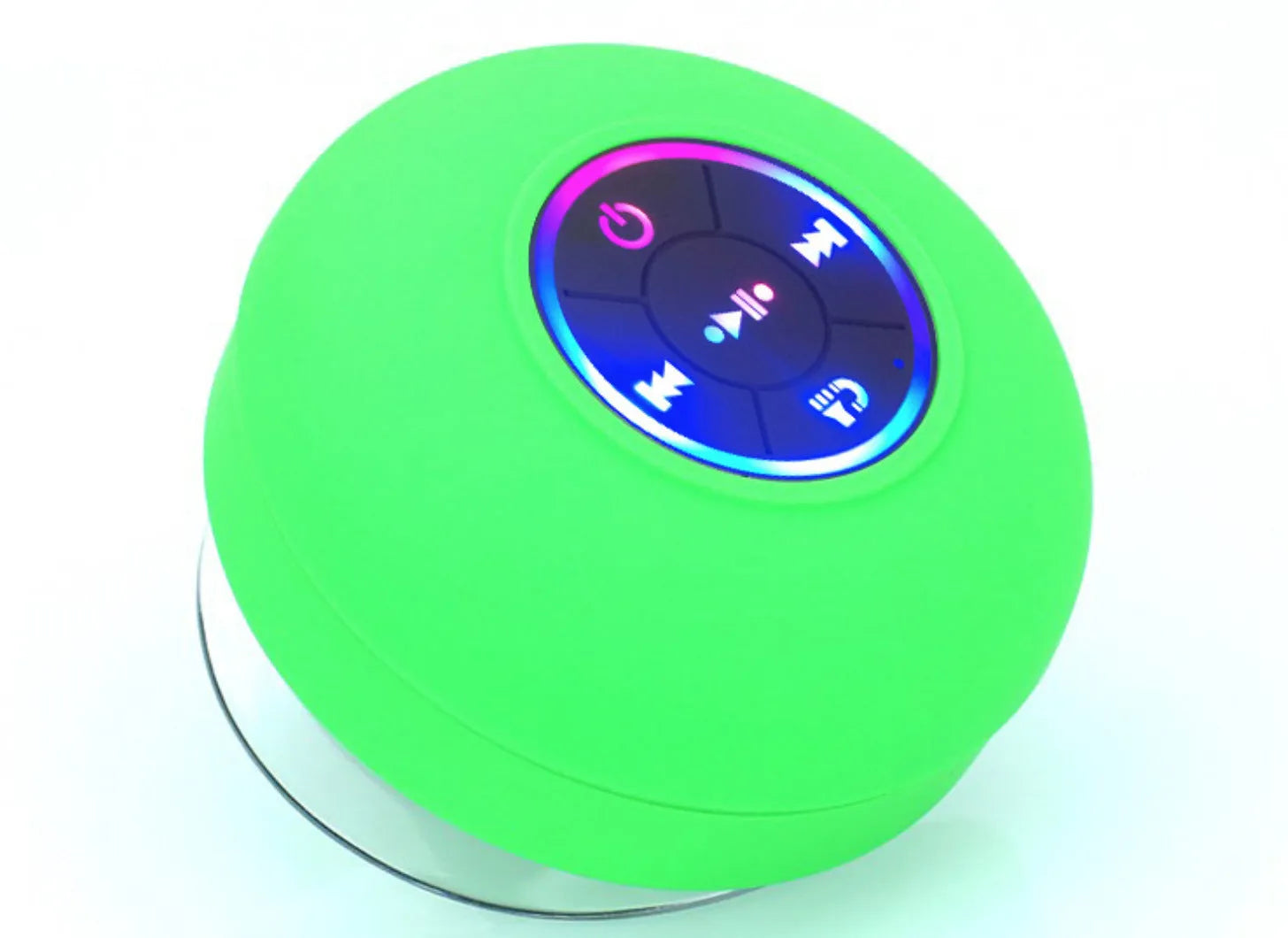 BTS07 waterproof Bluetooth speaker with suction cup mounted on car dashboard showing six colour options