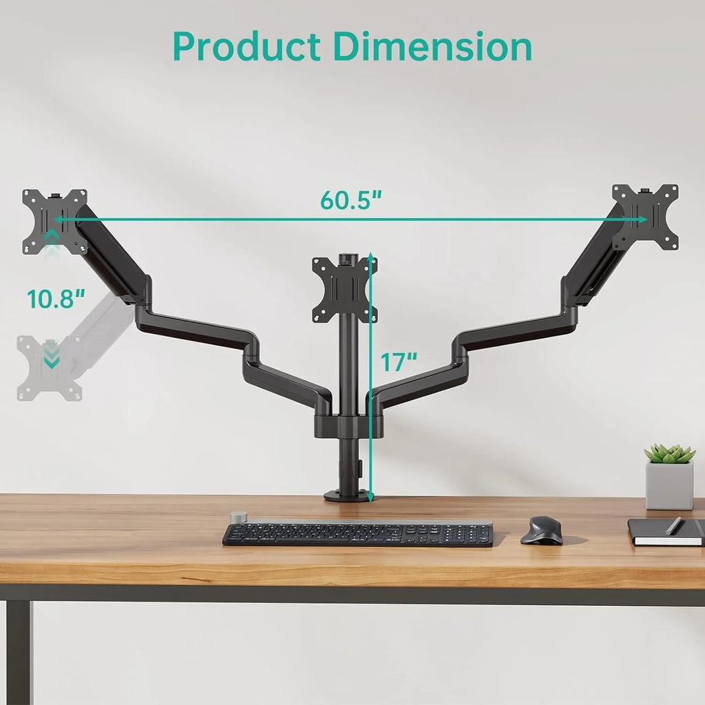 Black three-arm gas spring monitor mount for 13 to 27-inch computer screens