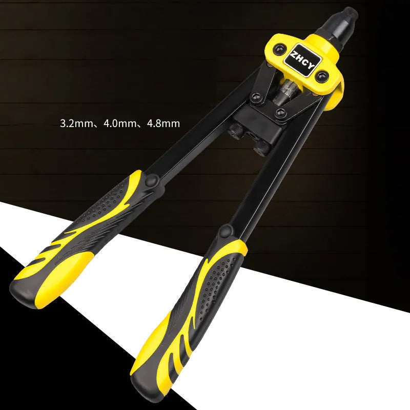 Yellow manual rivet gun with 13-inch handle and built-in tips for household riveting work