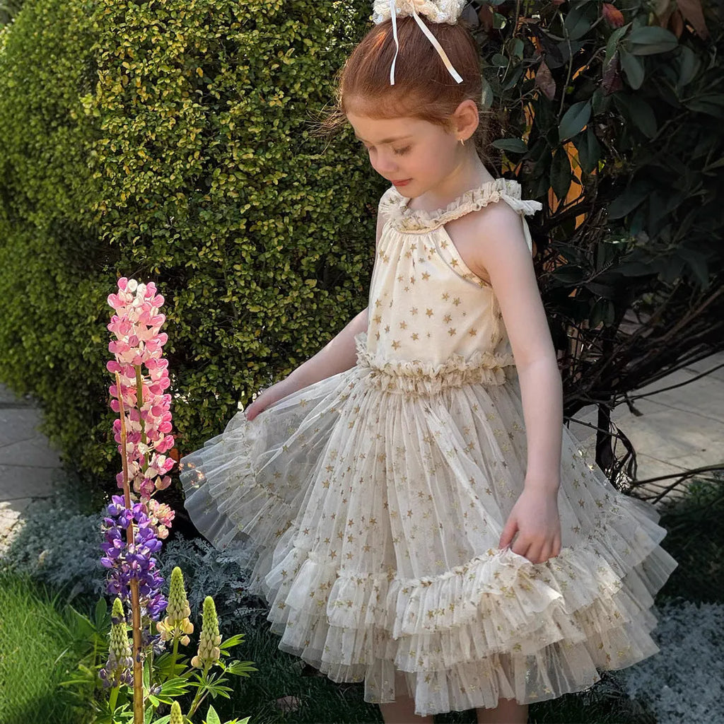 Summer girls sleeveless halter tulle skirt dress in solid apricot colour