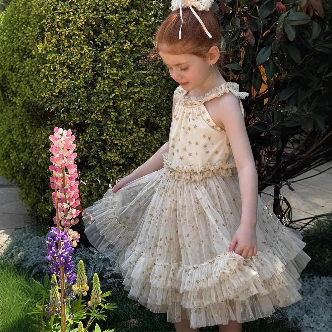 Summer girls sleeveless halter tulle skirt dress in solid apricot colour