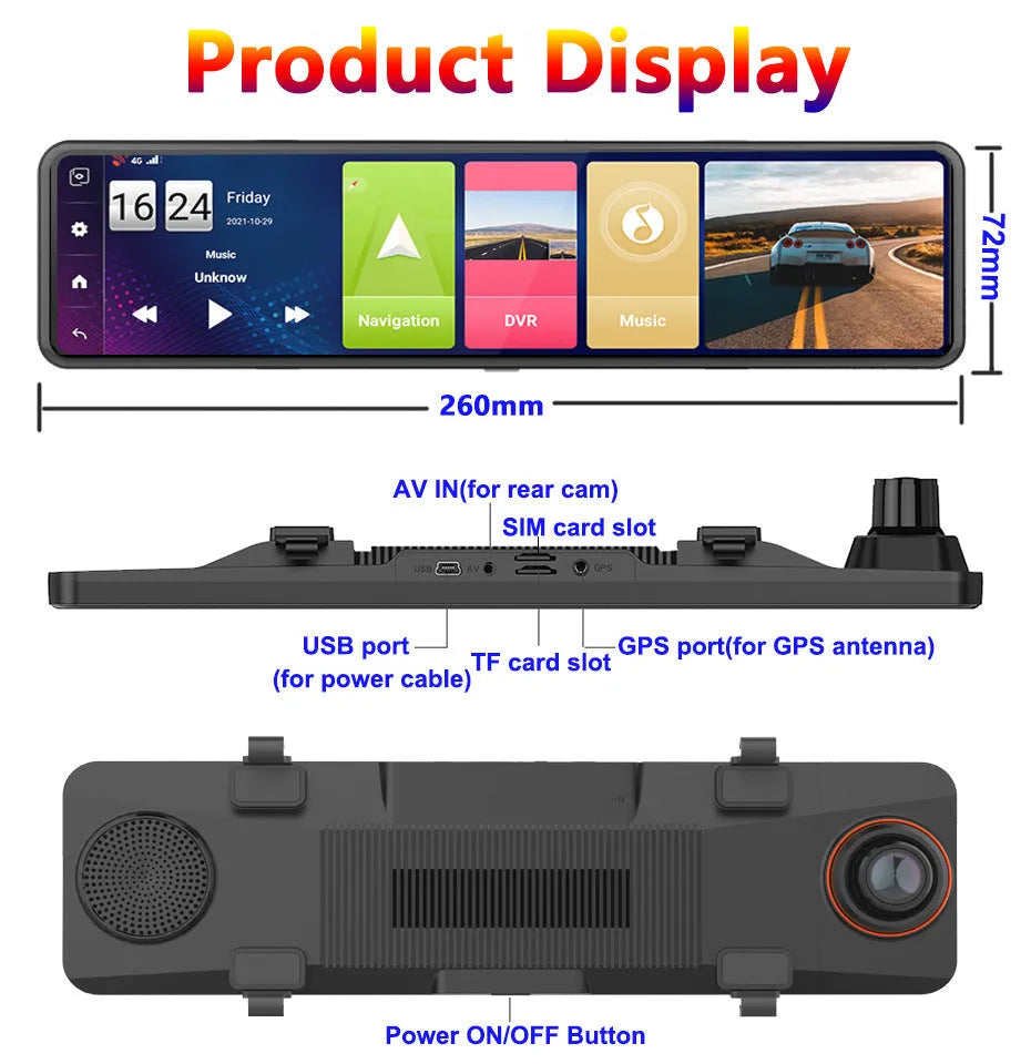 Black rearview mirror car dash cam with front and rear cameras for dual recording