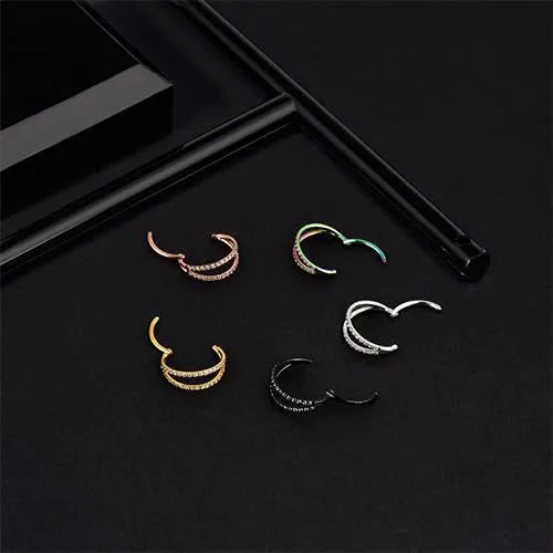 G23 titanium alloy lip and nose ring with zircon diamond finish in gold or steel colour, showing size options.