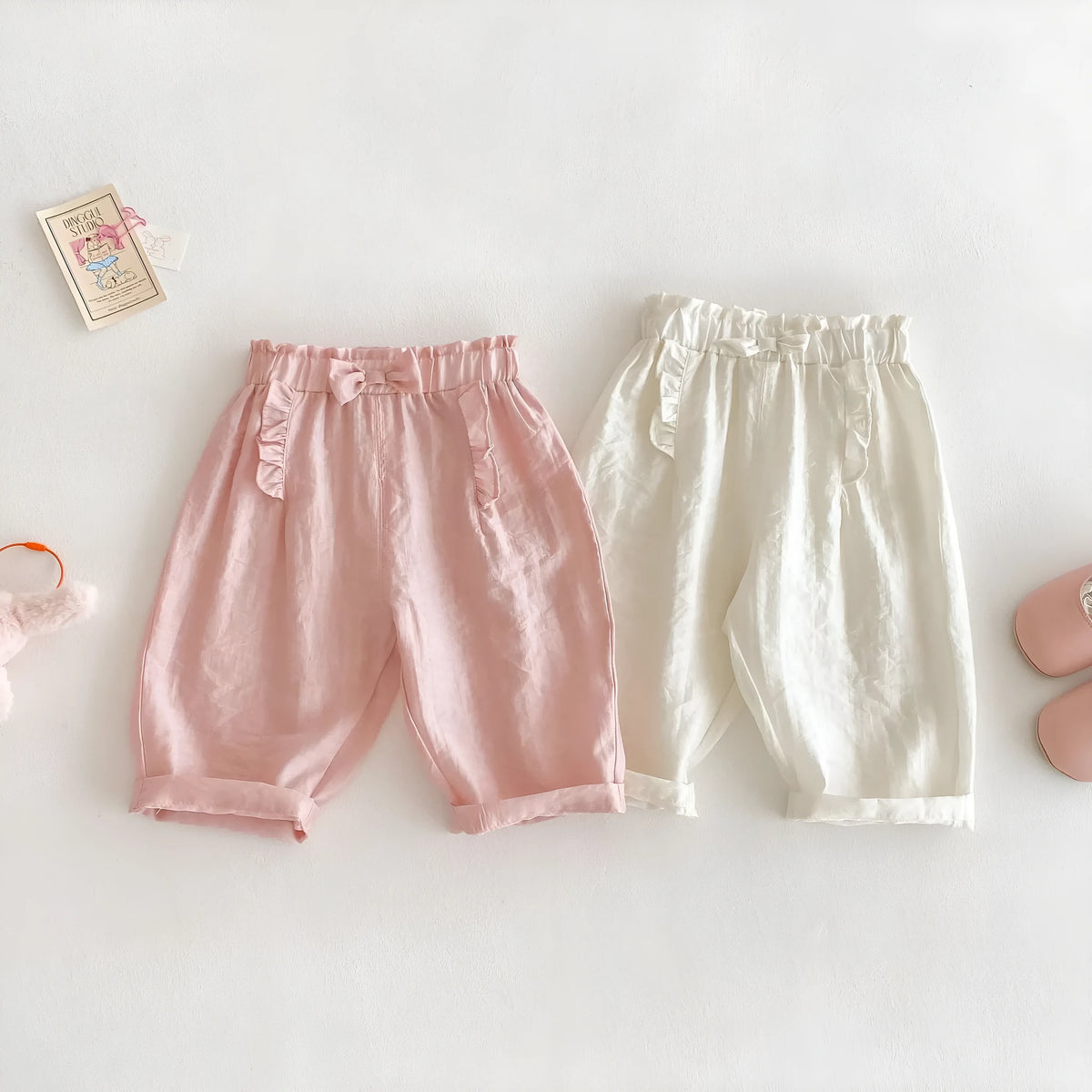 Girls' bow anti-mosquito cotton casual trousers, mid waist, rubber pink or cream beige, heights 73-120cm