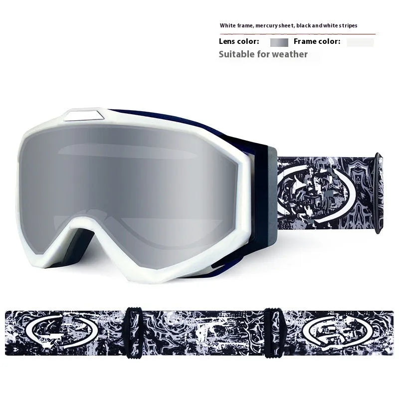 Motorcycle goggles with TPU frame and double-layer lens in assorted colours on a storage cloth bag.
