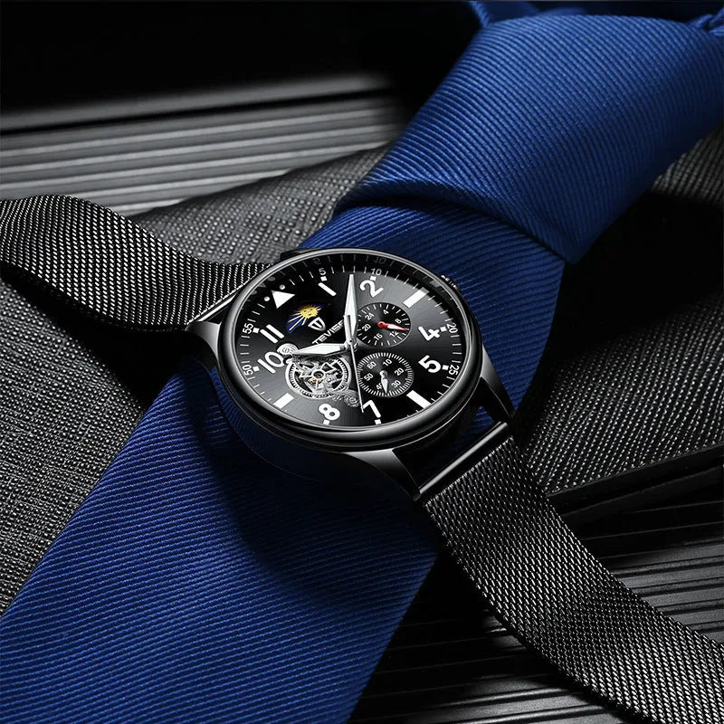 Men's black mechanical watch with moon phase indicator on a 41mm alloy case.