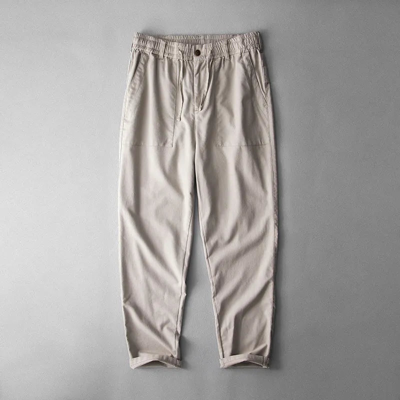 Men's linen casual trousers in solid colour with mid waist design available in three colour options