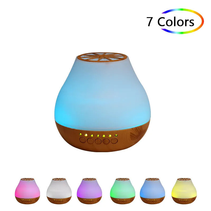 USB essential oil aroma diffuser with colourful LED lights in wood grain finish
