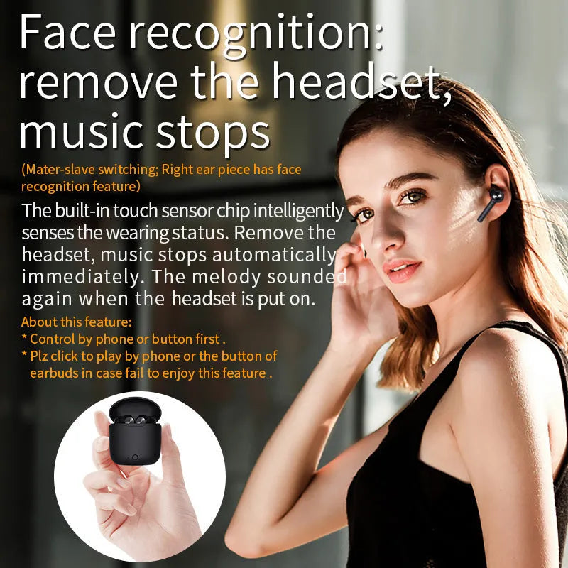 Black TWS Bluetooth wireless in-ear headphones on a white background.