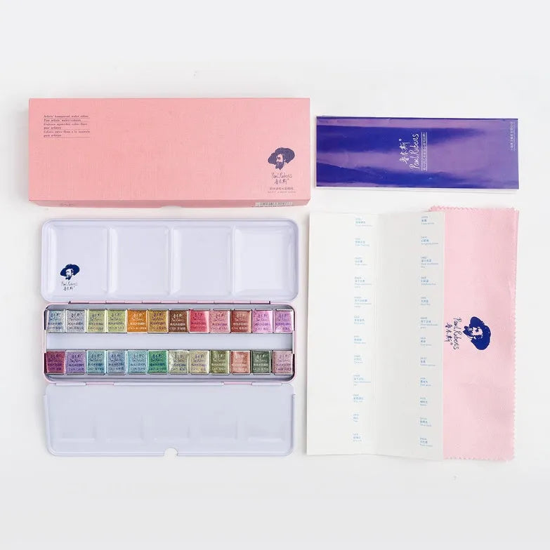 Solid watercolour paint palette showing pearl-effect colour pans in 12 and 24 set options.