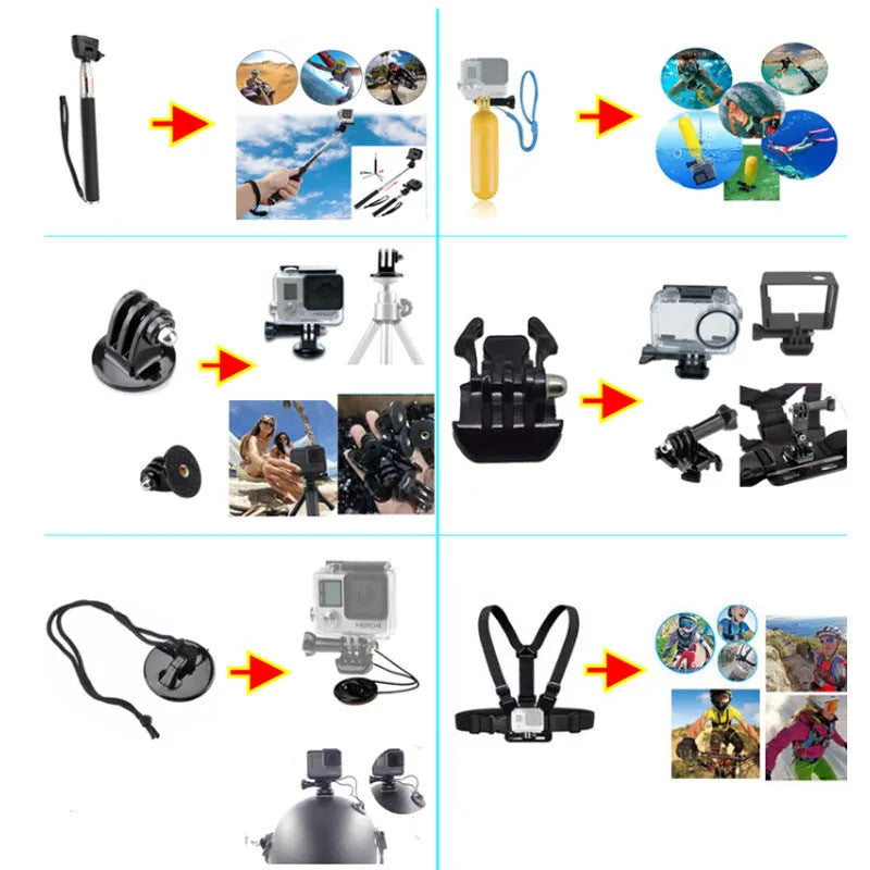 Black sports camera accessories set with helmet mount, chest strap, selfie stick, and storage bag