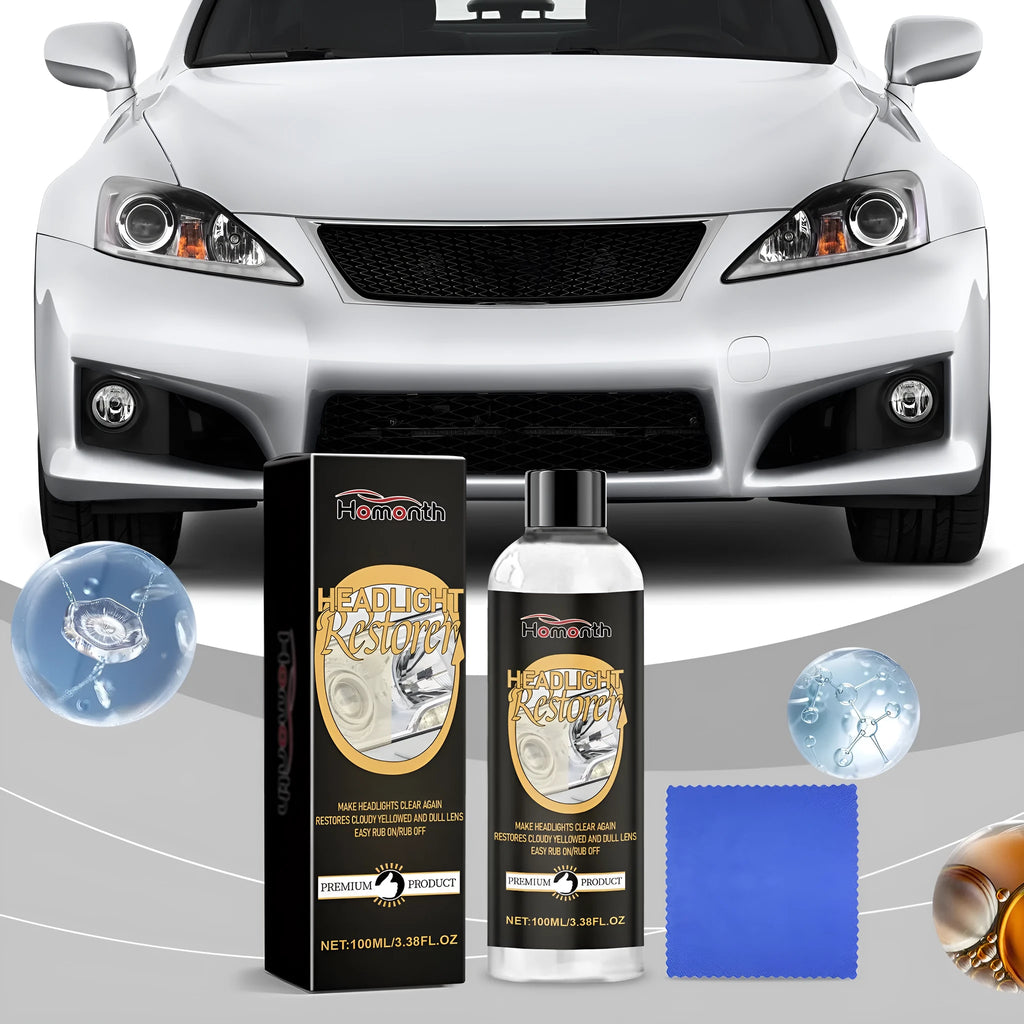 Car headlight polishing kit with 100ml solution bottle and microfibre towel for lens restoration