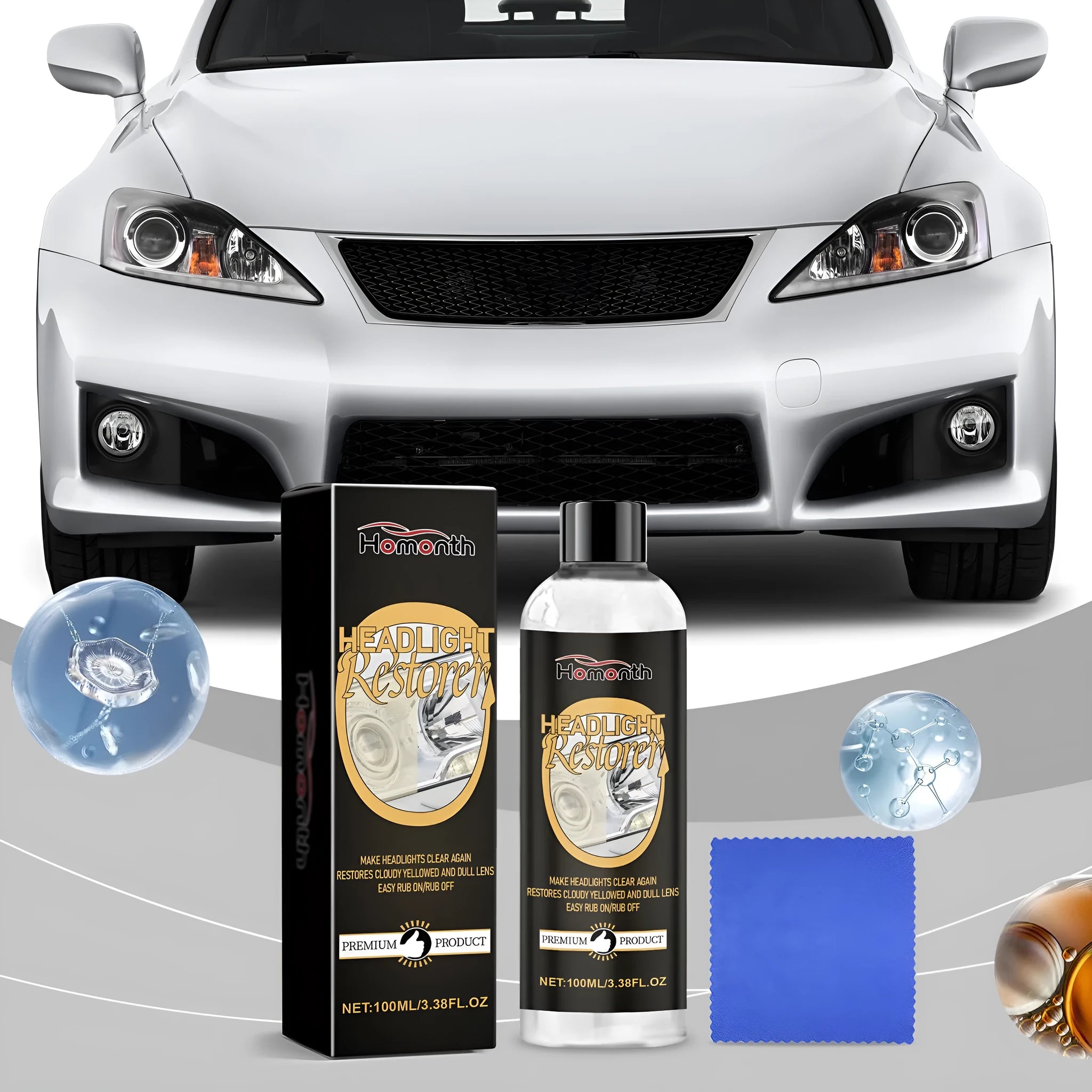 Car headlight polishing kit with 100ml solution bottle and microfibre towel for lens restoration