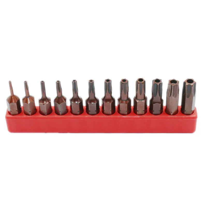 Black magnetic screwdriver bit set showing T6 through T40 sizes with hollow and solid hexagon options