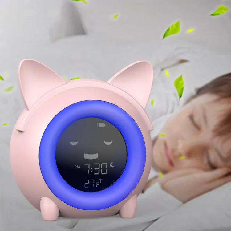 Round plastic LCD alarm clock with thermometer and luminous display, light blue colour