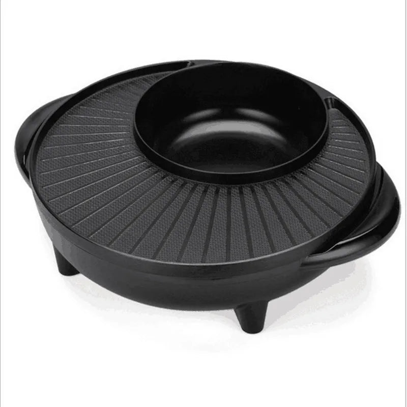 Black multifunctional electric pot with grill for hot pot and teppanyaki cooking