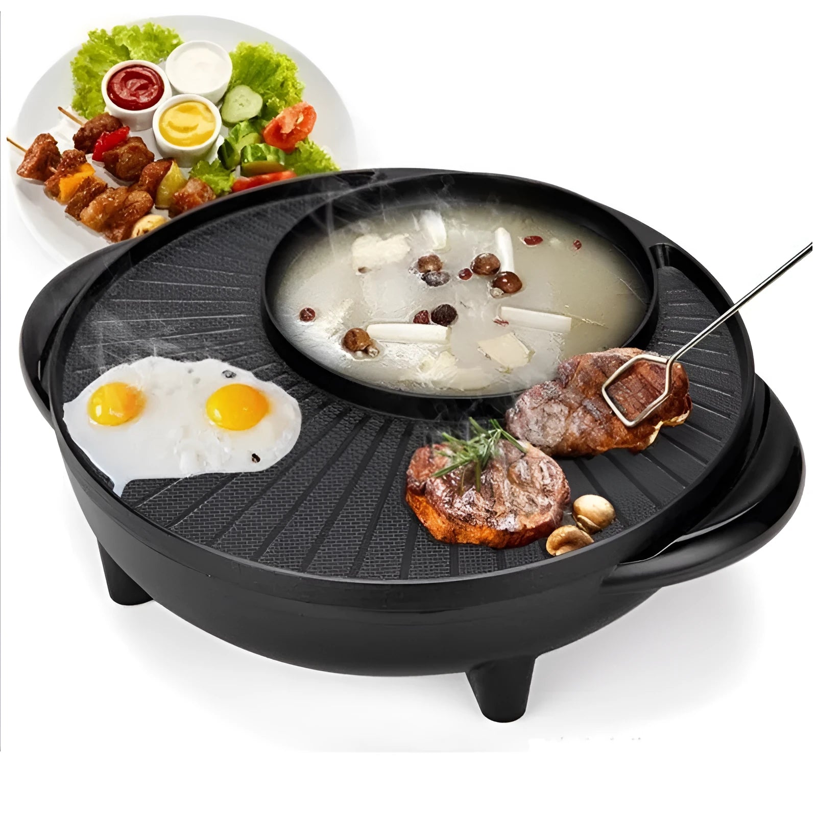 Black multifunctional electric pot with grill for hot pot and teppanyaki cooking