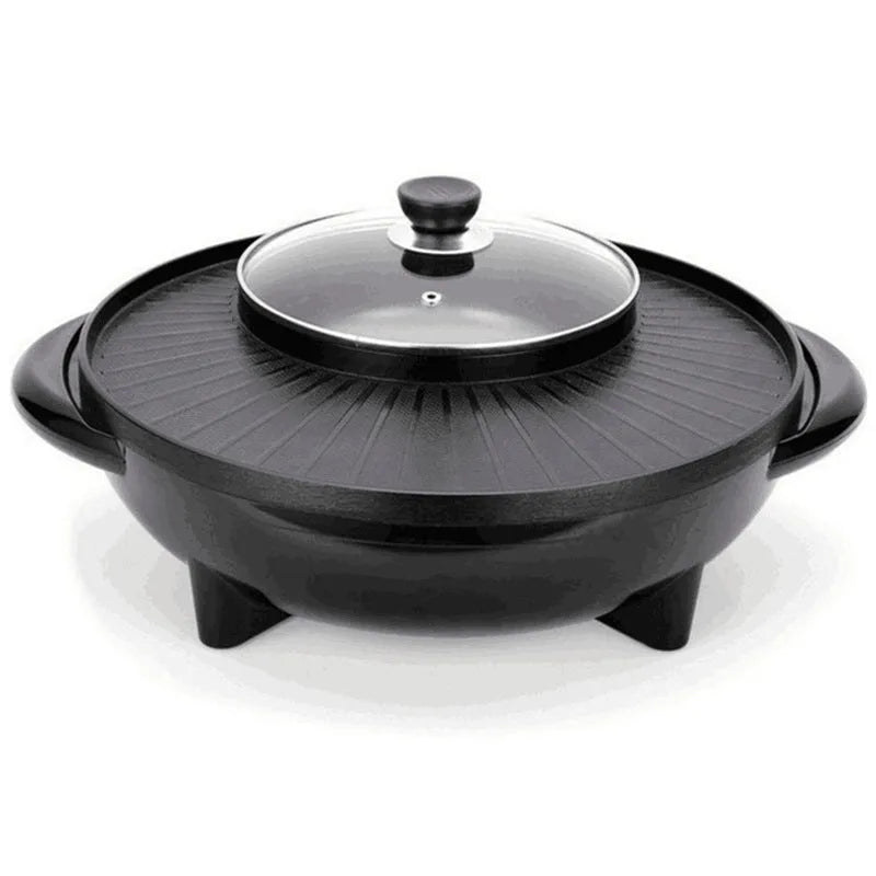 Black multifunctional electric pot with grill for hot pot and teppanyaki cooking