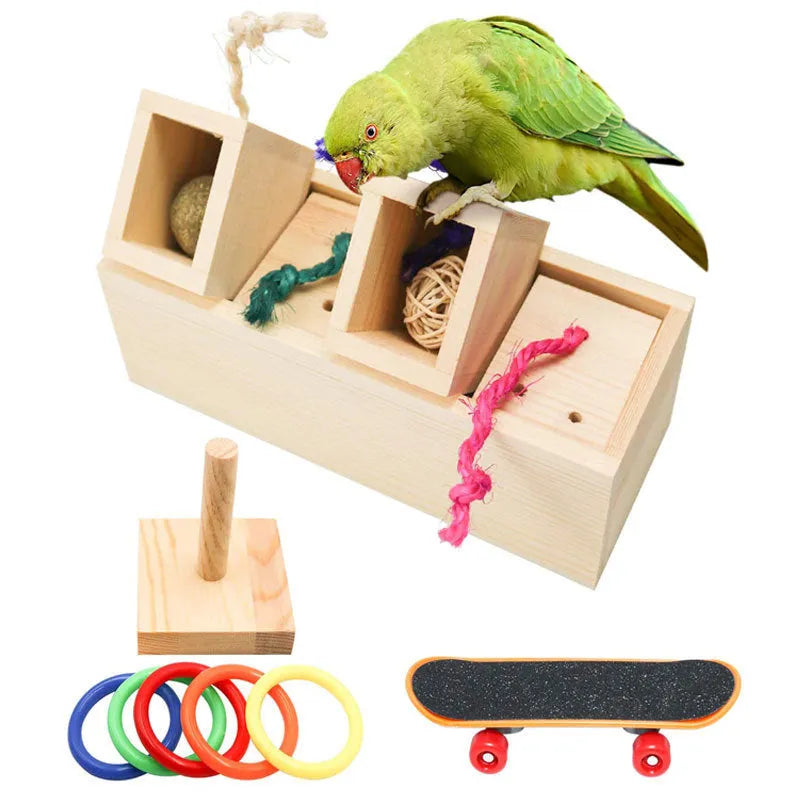 Wooden parrot puzzle toy pieces for bird foraging and training enrichment.