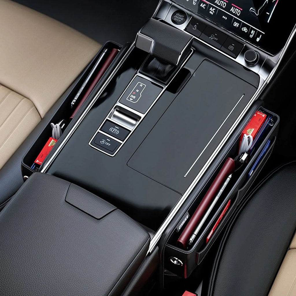 Black PU leather car seat gap storage organiser with data cable hole, placed between seat and central console