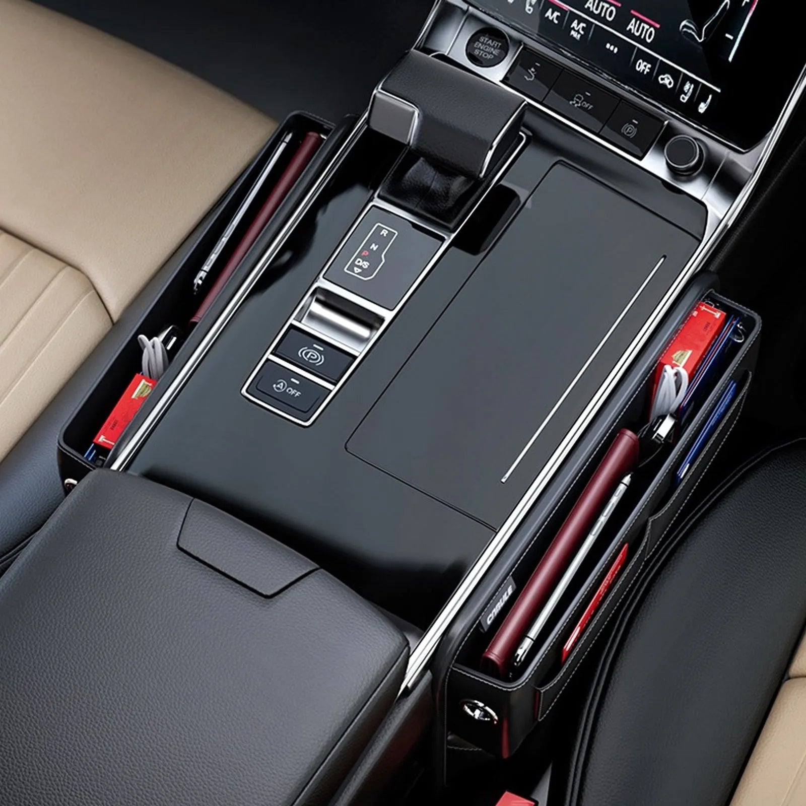 Black PU leather car seat gap storage organiser with data cable hole, placed between seat and central console