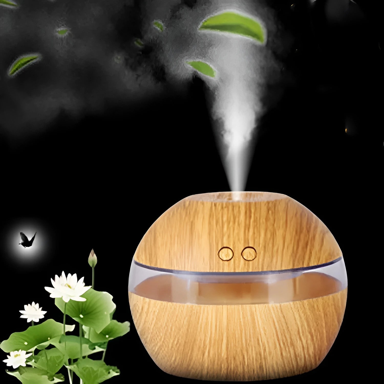 Brown wood grain desktop humidifier with USB cable, 200ml water tank, and compact 90x80x50mm dimensions