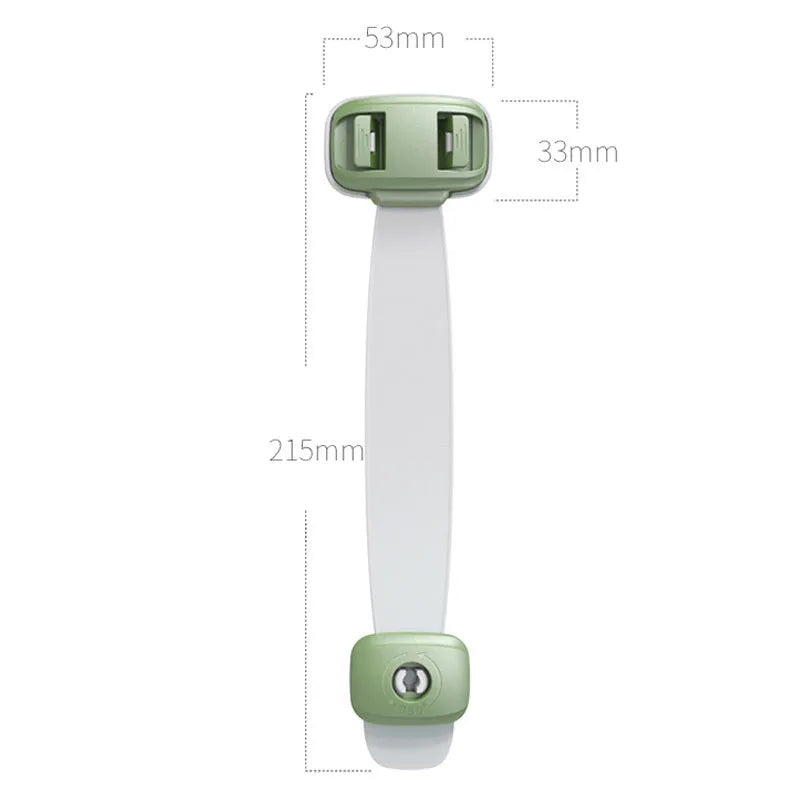 Grey adjustable child safety strap lock with adhesive pads, shown securing a kitchen cabinet door.