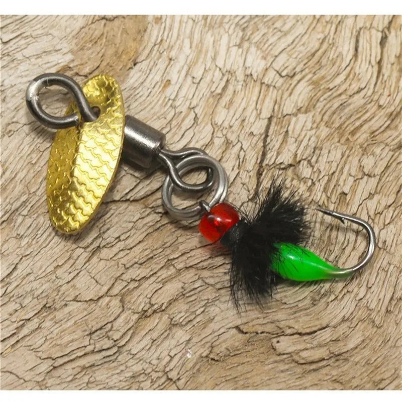 Five bionic mosquito fishing hooks with spinning sequins in multicolour patterns