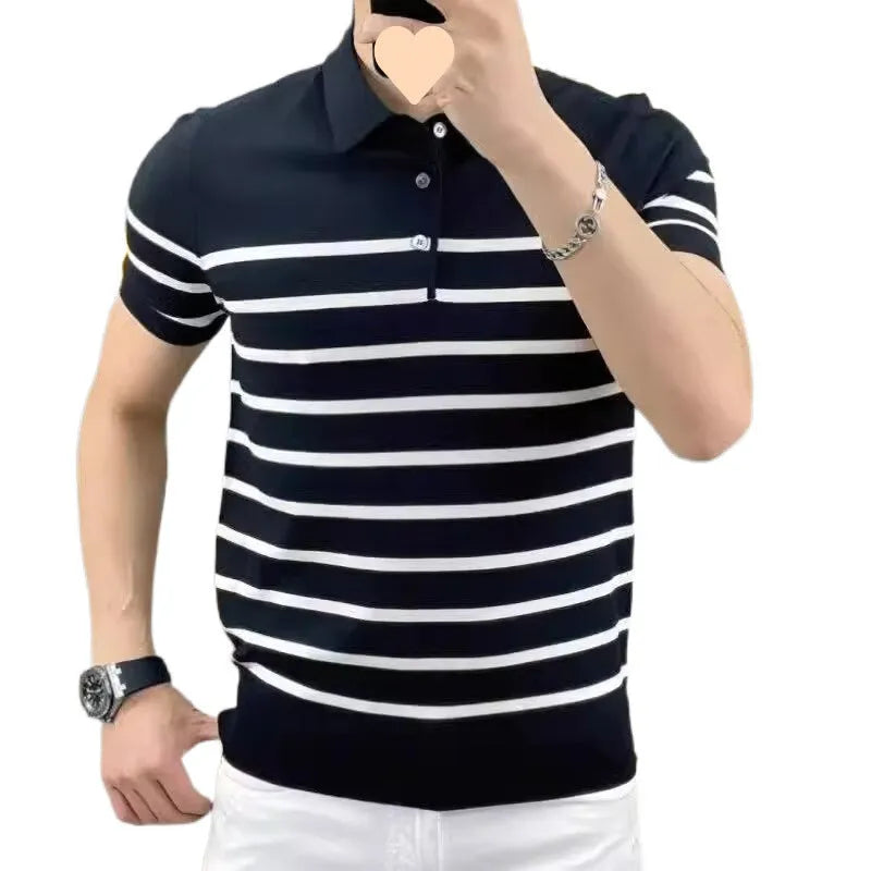 Black and white striped lapel collar on a knitted pullover T-shirt