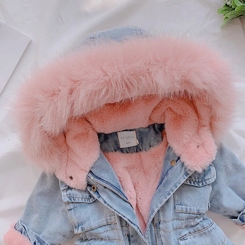 Blue denim coat for a girl with a non-removable hood and pink lining visible.