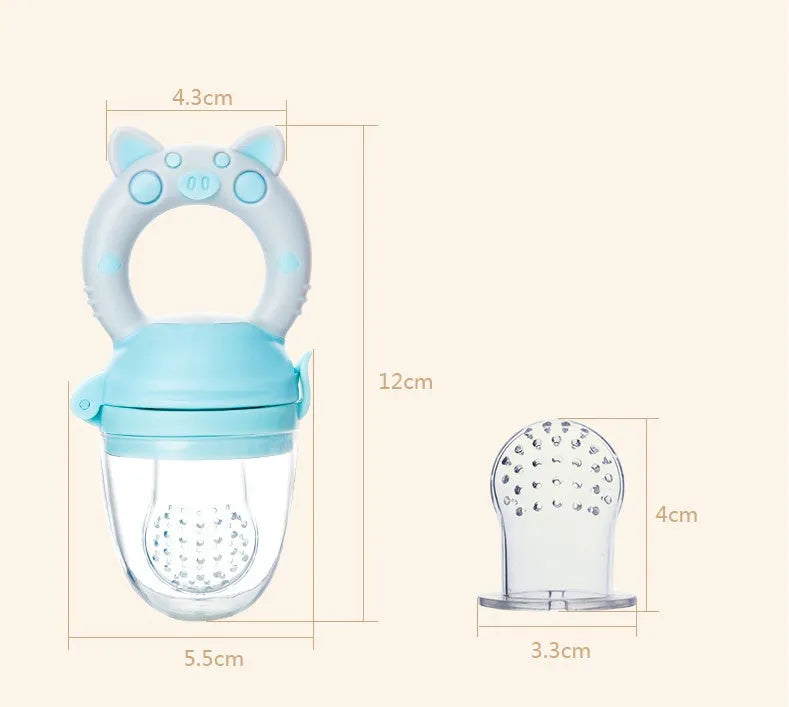 Silicone baby teether shown in blue, green, and pink colours with single and triple mouthpiece options