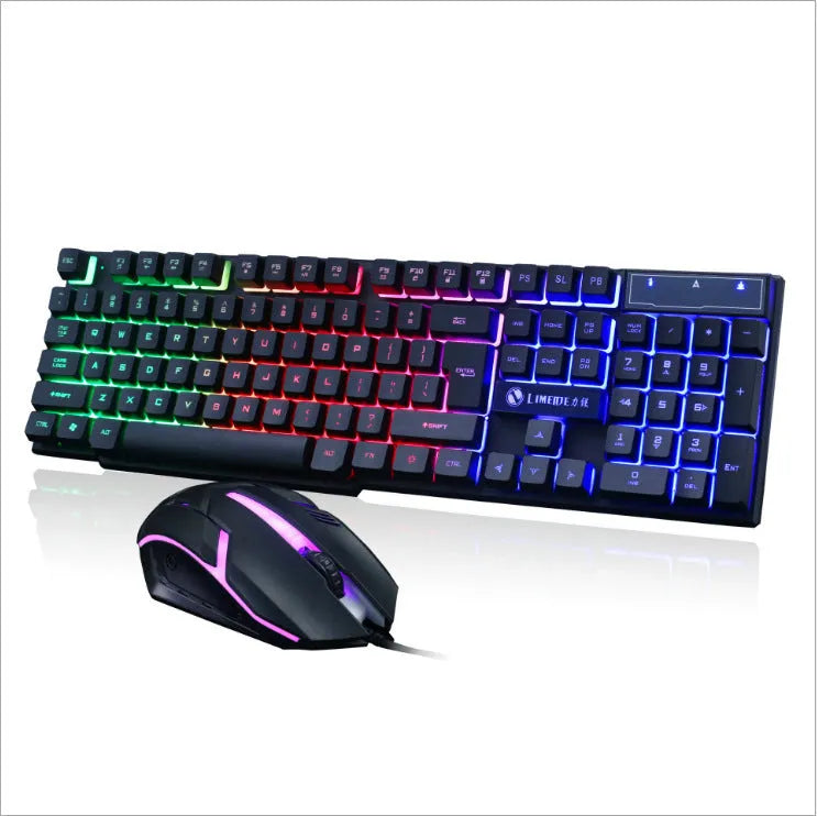 Limei Gtx300 backlit gaming keyboard and mouse set in multiple colour options on a desktop