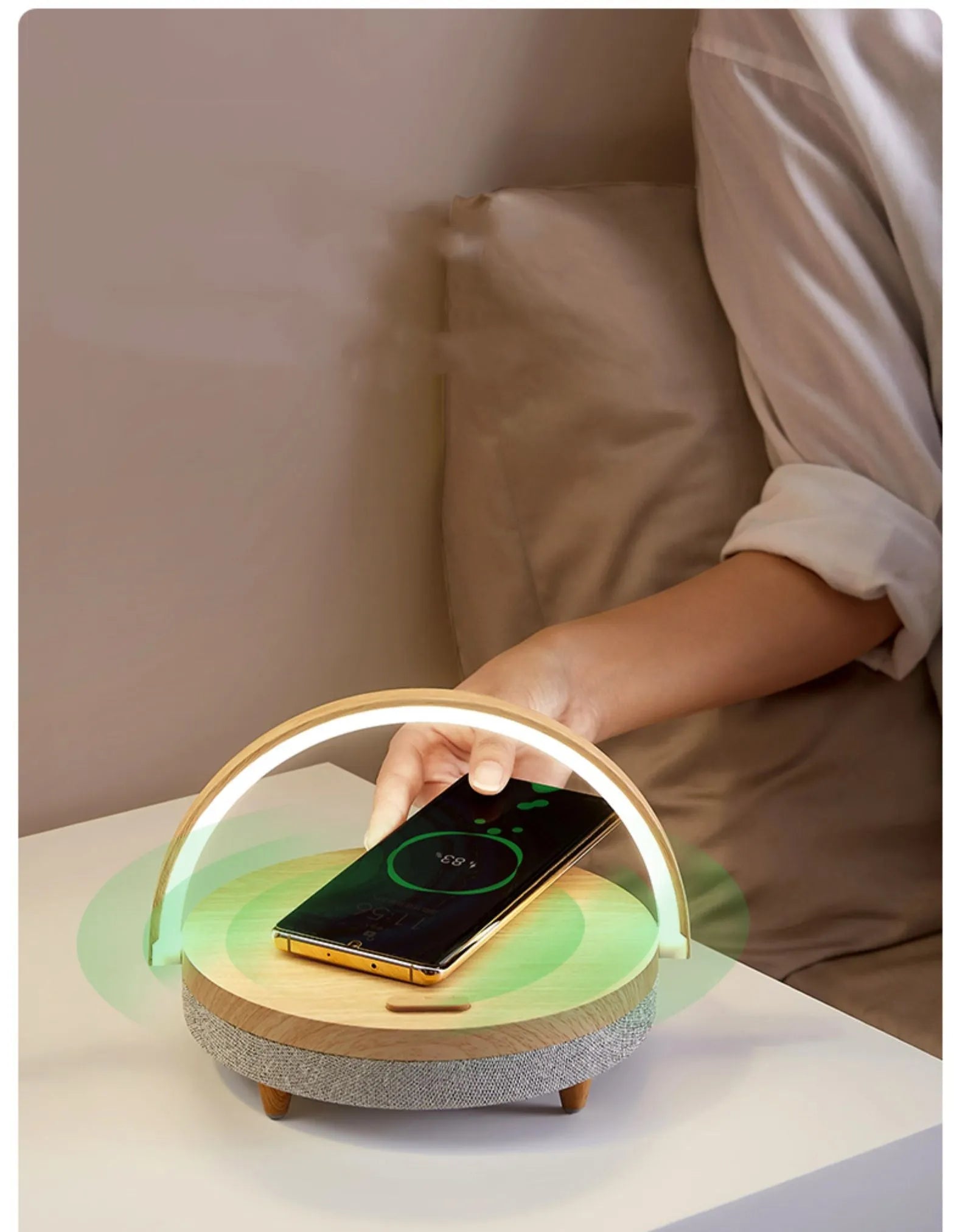 Multi-function wireless charging night light with Bluetooth speaker in marbling colour, ABS+PP build, 191x203x55mm