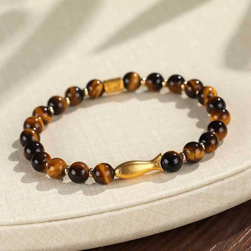 Handmade yellow tiger eye small fish charm beaded bracelet for women
