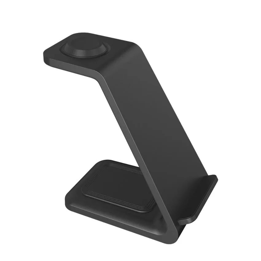 White 3-in-1 upright wireless charging stand holding a mobile phone, with a Type-C cable.