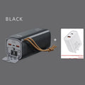 Black portable power bank with digital display, showing solar panel and car charging cables.