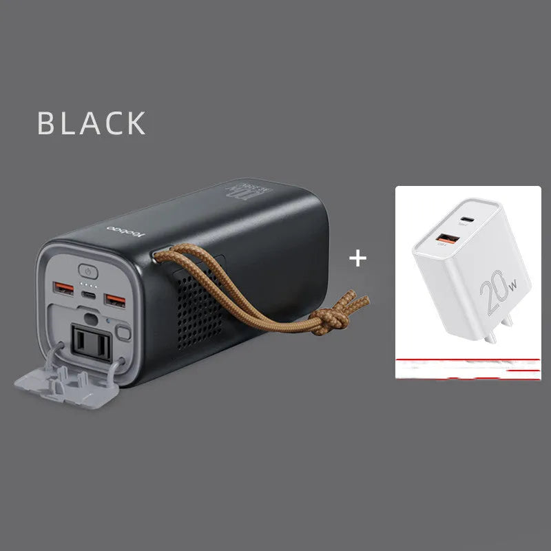 Black portable power bank with digital display, showing solar panel and car charging cables.