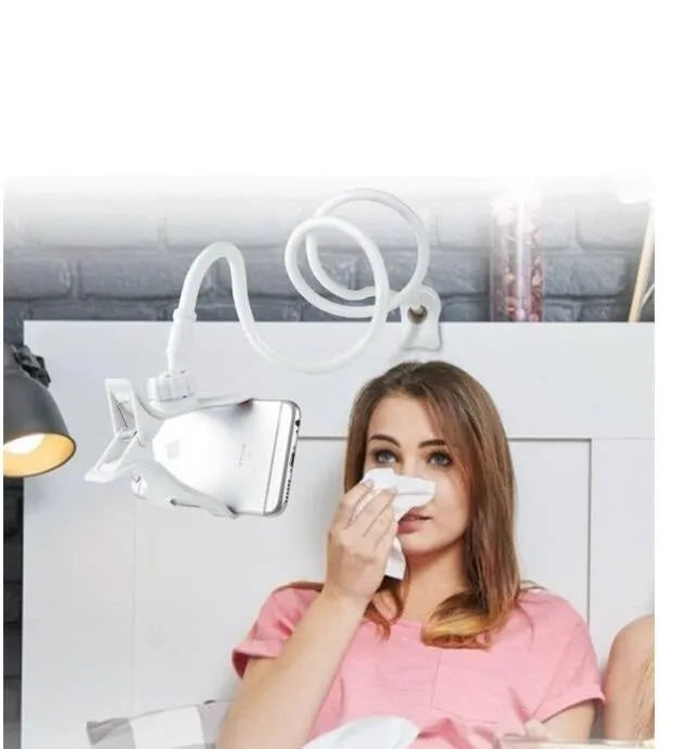 Lazy mobile phone bracket with spiral clip base and bendable alloy pipe in blue or pink, 80cm to 138cm