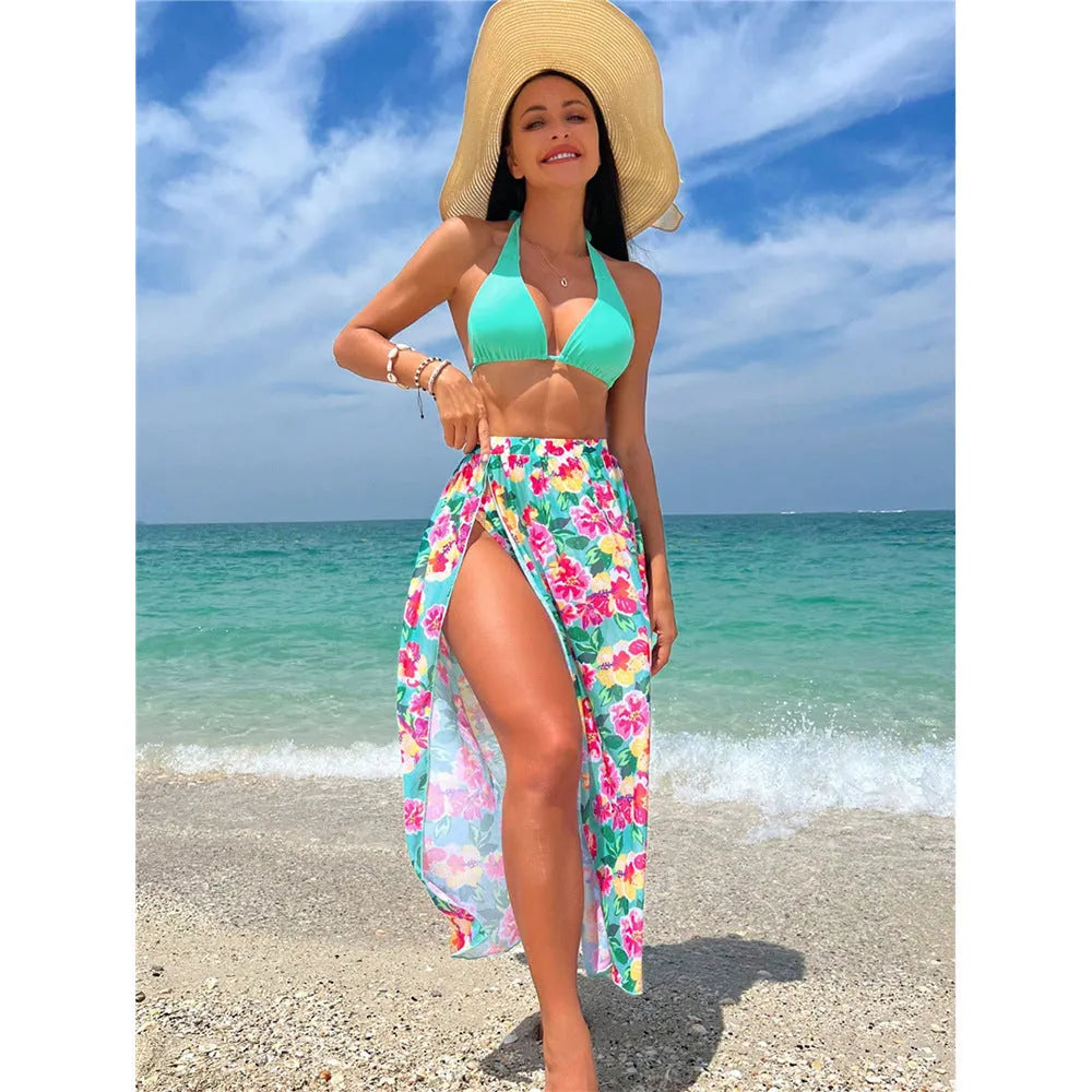 Printed high slit three-piece swimsuit set for women in Lake Green and Rose Red, sizes S to XL, polyester fabric