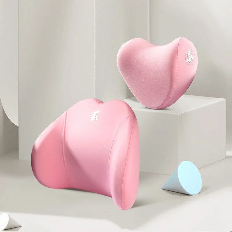 Heart-shaped memory foam car pillow set with headrest and lumbar support pillows in cotton covers