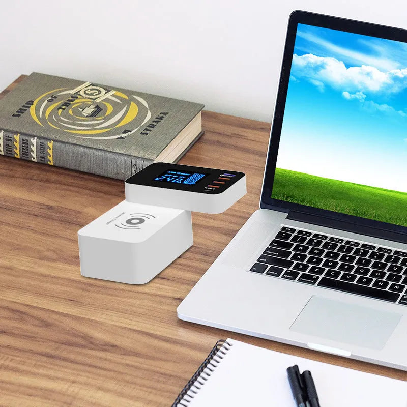 White multi USB port and 10W wireless fast charger with long cable and EU, UK, US plug adapters.