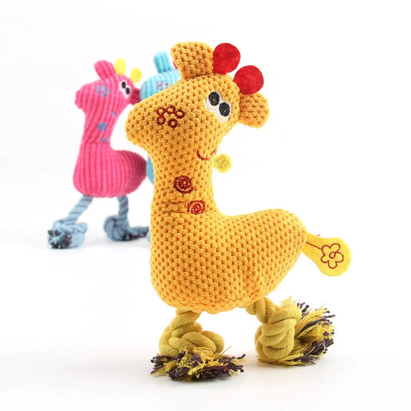 Blue deer-shaped plush dog toy with corn grain texture showing crinkle paper and squeaker sound features