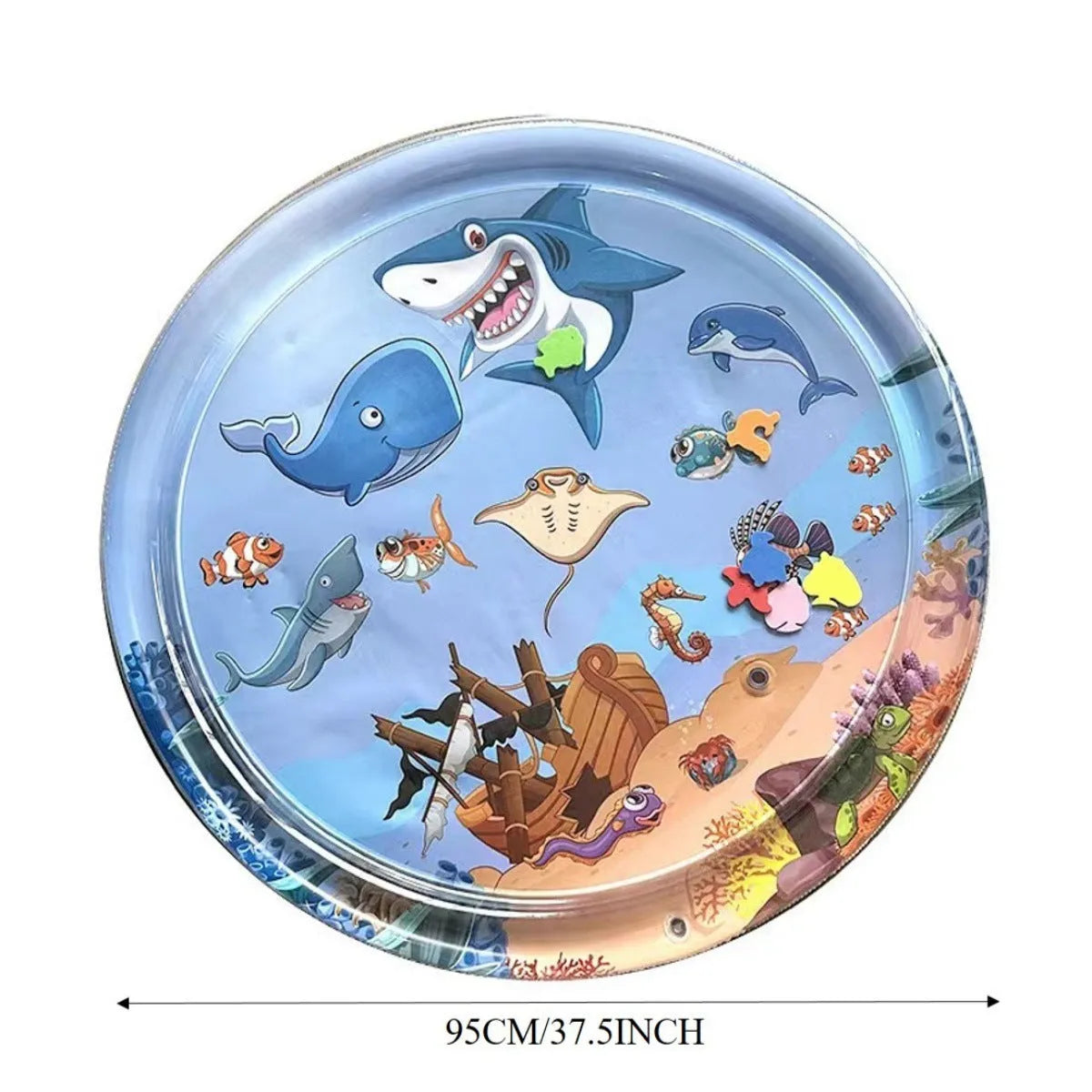 Square blue water sensory playmat for cats and dogs with ocean fish design and floating toys inside.