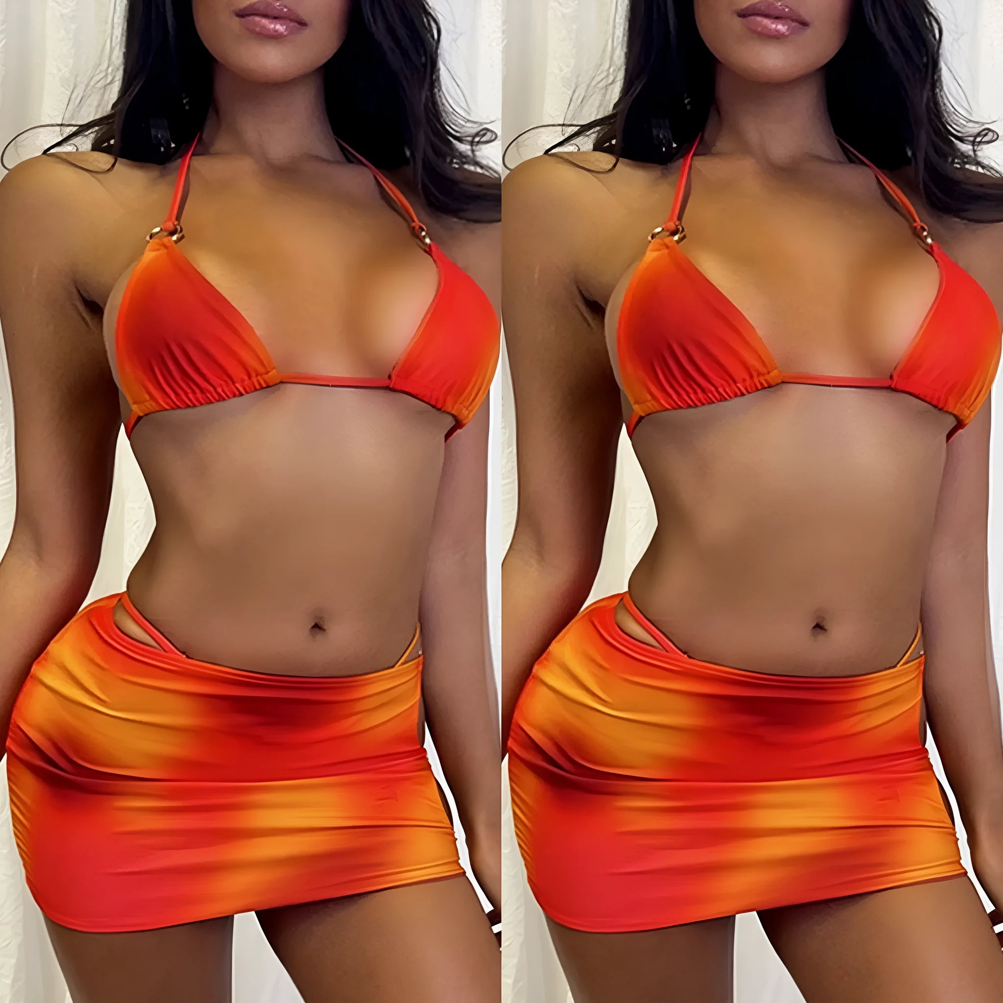 Solid colour tie-dye gradient three-piece halter bikini set with skirt on a mannequin.