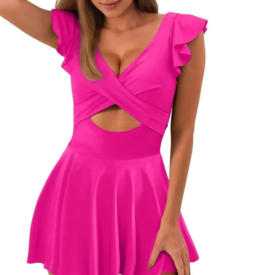 Women's casual flounced one-piece swimsuit in polyester fibre, sleeveless design, available in multiple sizes
