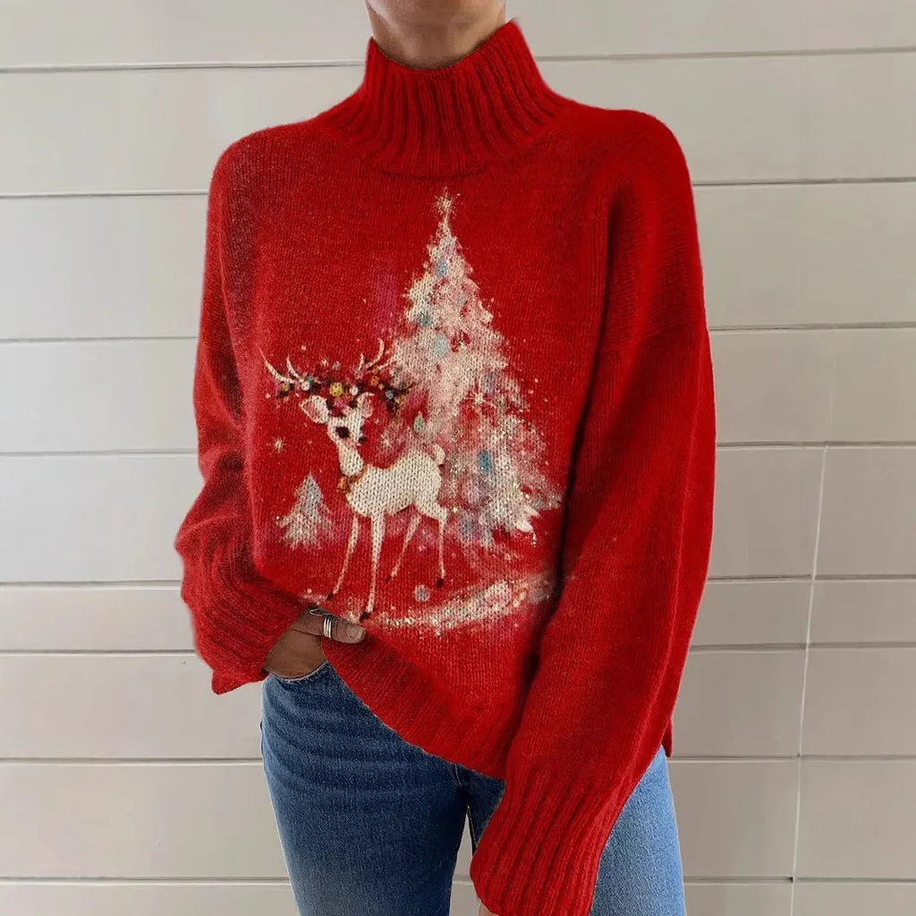 Women's printed red Christmas turtleneck loose-fit sweater on a hanger.