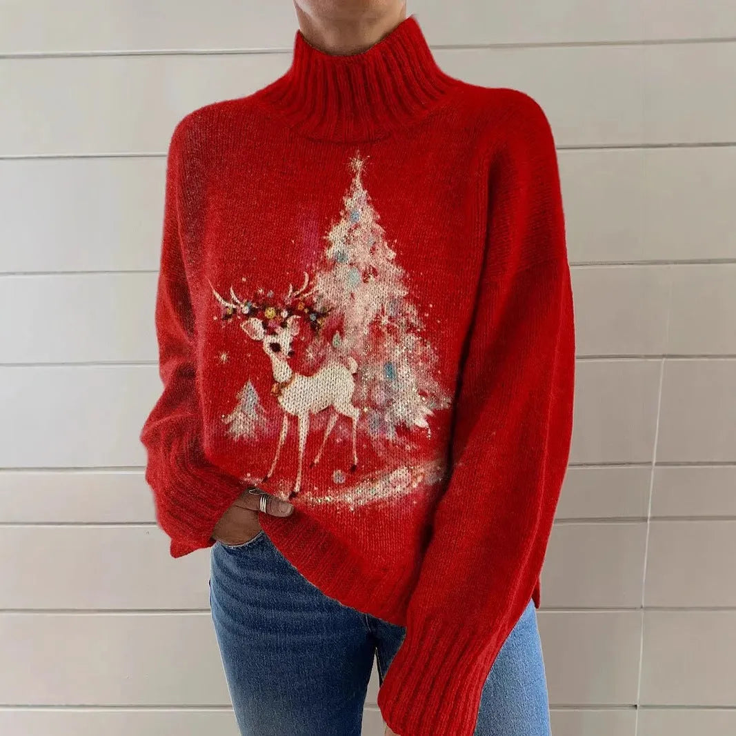 Women's printed red Christmas turtleneck loose-fit sweater on a hanger.