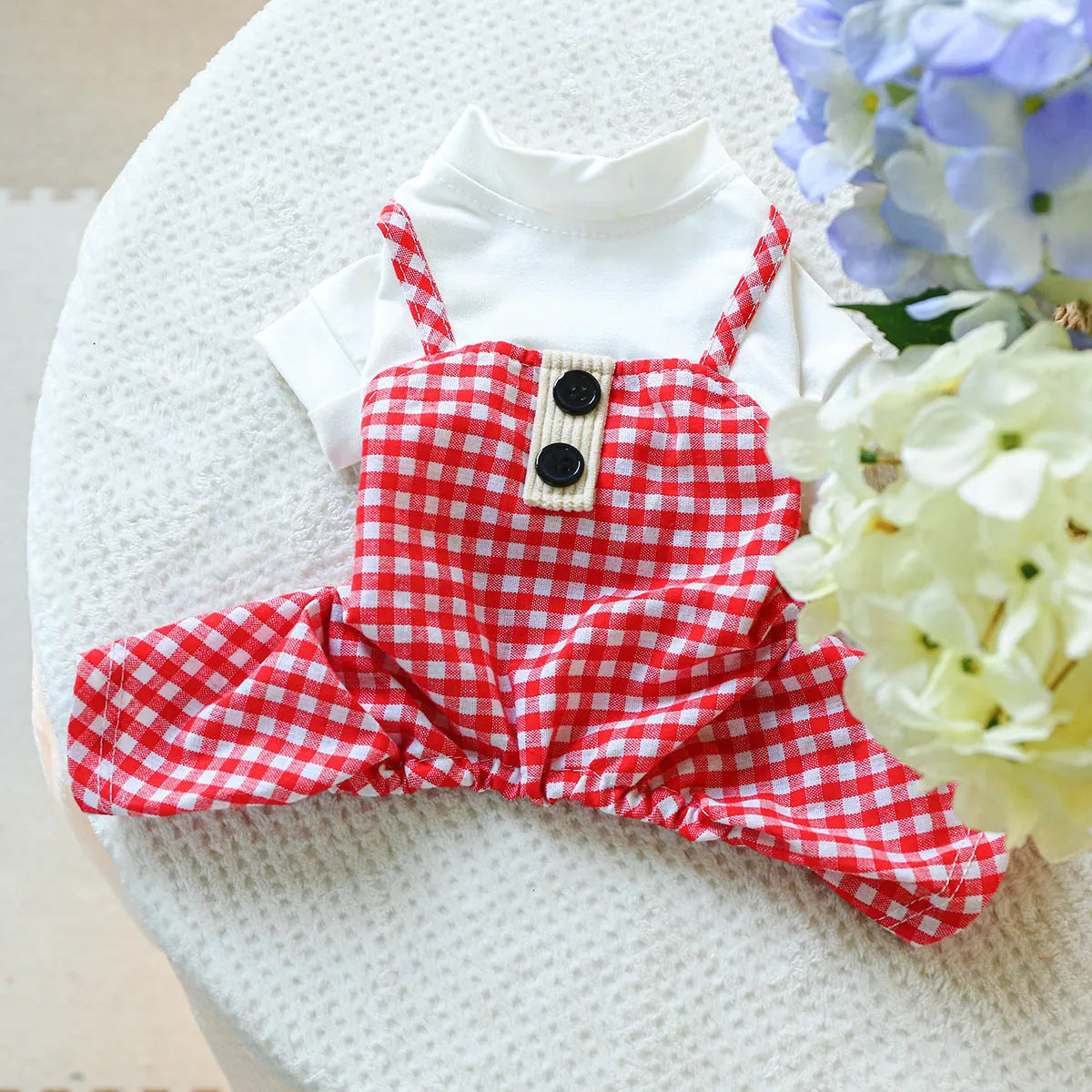 Fashion pet dog plaid overalls in black and white suspender style on a dog, polyester material