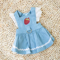 Strawberry print denim dog skirt with traction dots on Bondi Blue background