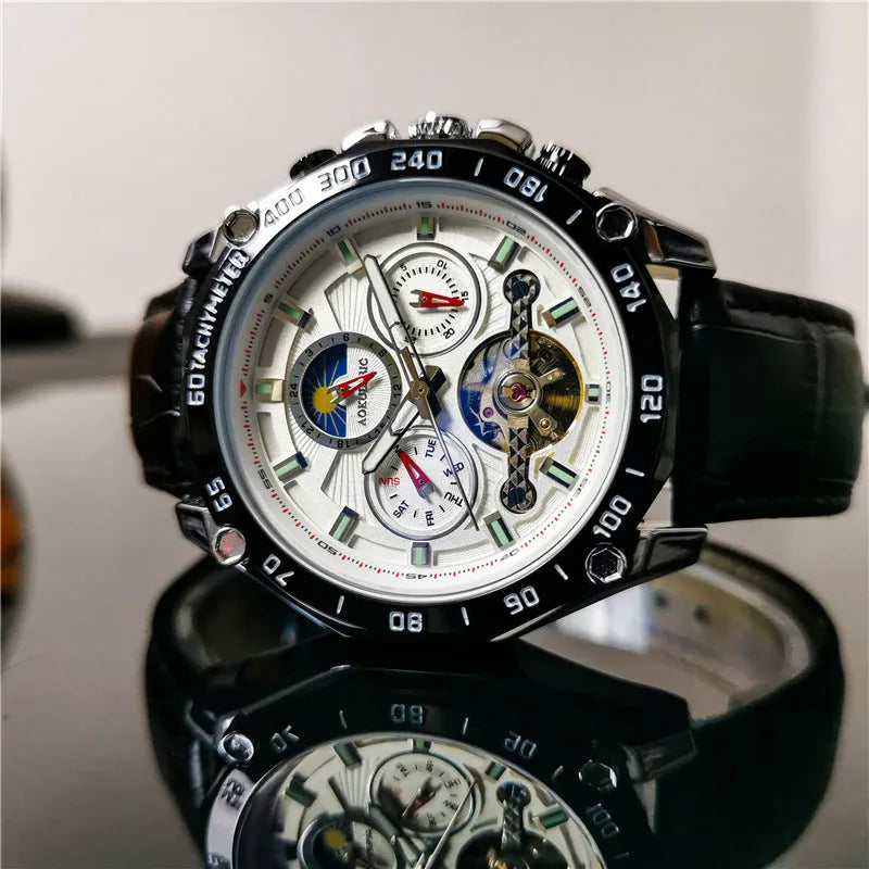 Men's automatic mechanical watch with multifunction display on wrist, showing natural silver case option.